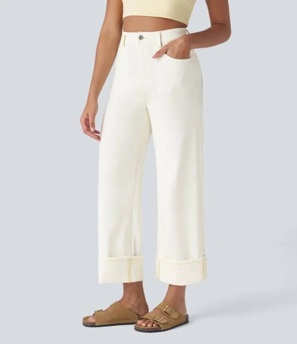 Halara Flex™ High Waisted Pockets Rolled Hem Wide Leg Washed Casual Jeans
